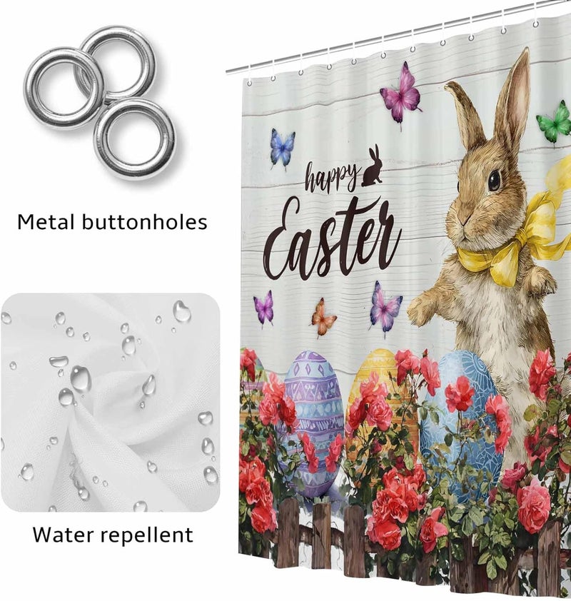 Happy Easter Shower Curtain with 12 Hooks Cartoon Bunny Rabbit Colorful Egg Red Flowers Wood Grain Waterproof Fabric Shower Curtains Sets for Bathroom Bath Decorations, Machine Washable, 72"x84" - Image 4
