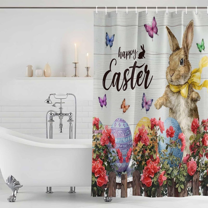 Happy Easter Shower Curtain with 12 Hooks Cartoon Bunny Rabbit Colorful Egg Red Flowers Wood Grain Waterproof Fabric Shower Curtains Sets for Bathroom Bath Decorations, Machine Washable, 72"x84" - Image 5
