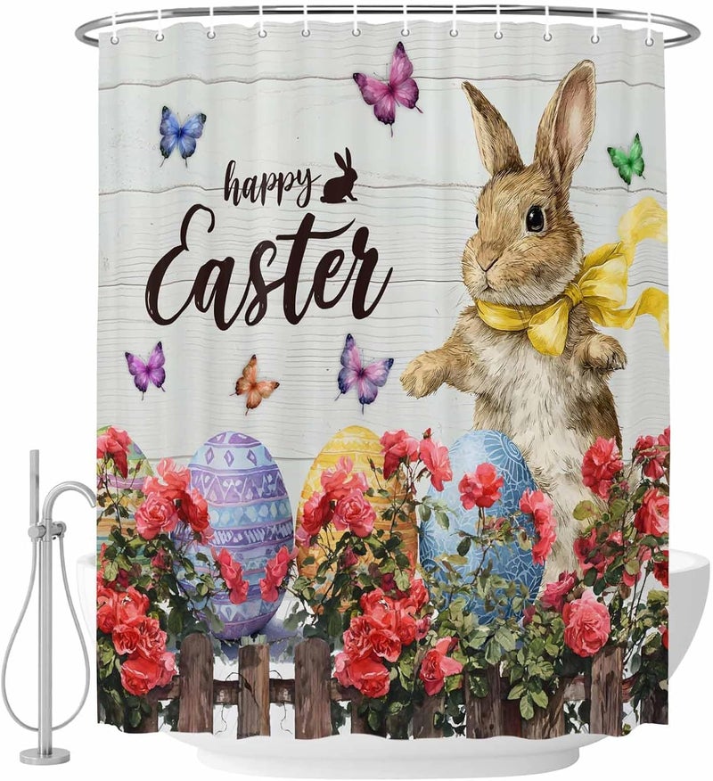 Happy Easter Shower Curtain with 12 Hooks Cartoon Bunny Rabbit Colorful Egg Red Flowers Wood Grain Waterproof Fabric Shower Curtains Sets for Bathroom Bath Decorations, Machine Washable, 72"x84" - Image 2