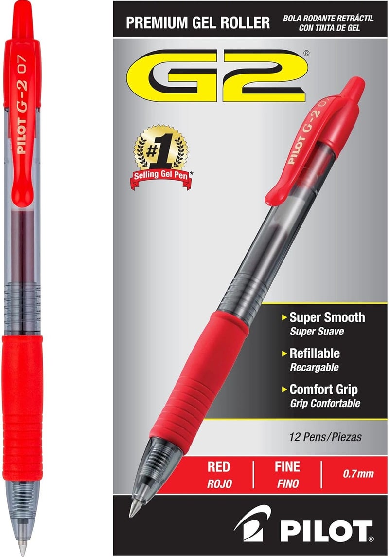 Pilot G2 Premium Gel Roller Pens, Fine Point 0.7 mm, Red Pens, Pack of 12 - Ideal for School, Journaling & Office Writing - Image 1