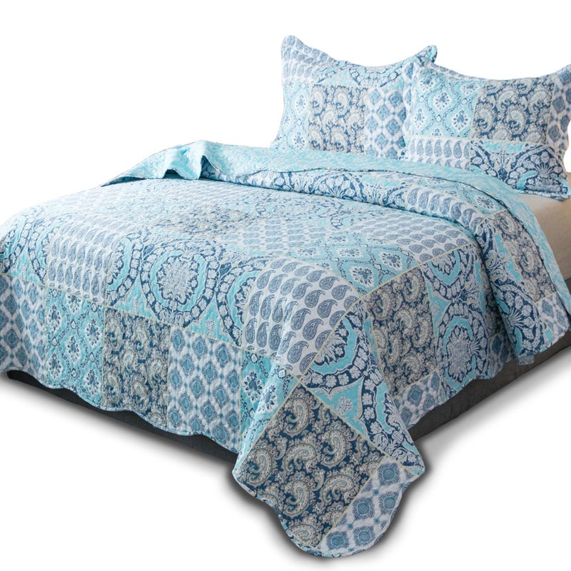 KASENTEX CountryChic Printed PreWashed Quilt Bedding Set  Microfiber Fabric Quilted Pattern Bedding MultiBlue B Queen  2 Shams