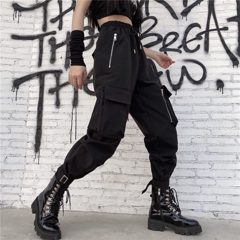 MEINVQIAOTI Black Cargo Pants Women Loose Chained Pants Multi-Pocket Multi-Zip Punk Goth Pants(Black,M) - Image 2