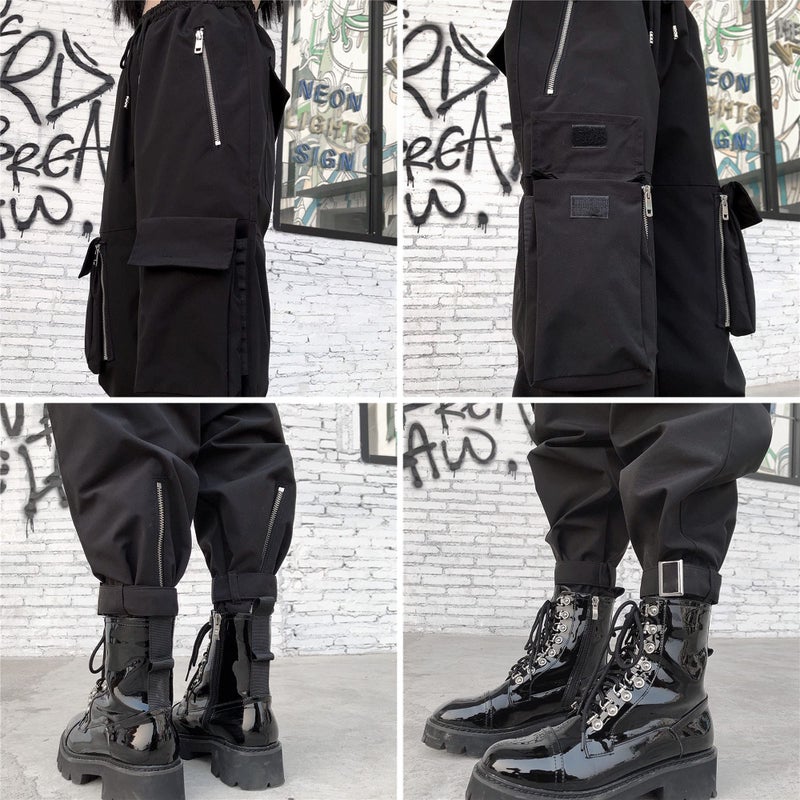 MEINVQIAOTI Black Cargo Pants Women Loose Chained Pants Multi-Pocket Multi-Zip Punk Goth Pants(Black,M) - Image 5