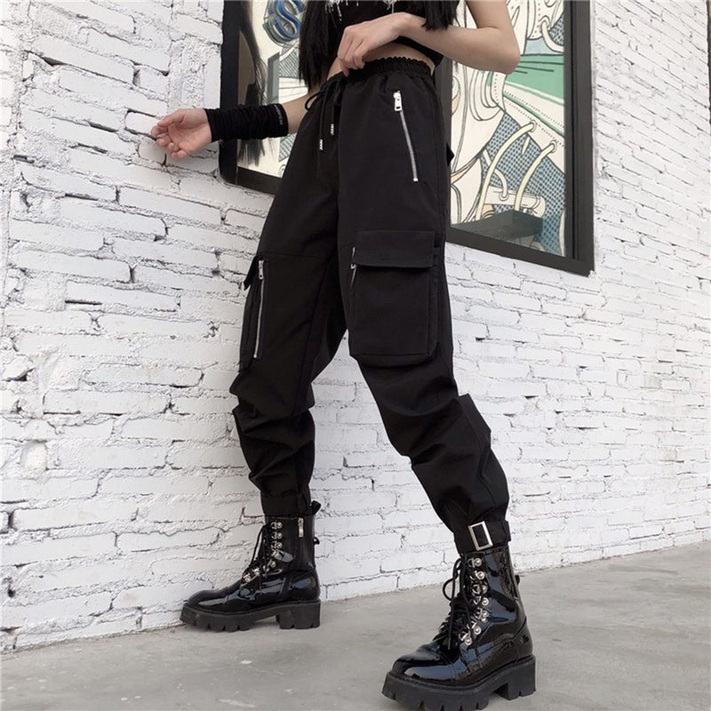 MEINVQIAOTI Black Cargo Pants Women Loose Chained Pants Multi-Pocket Multi-Zip Punk Goth Pants(Black,M) - Image 3