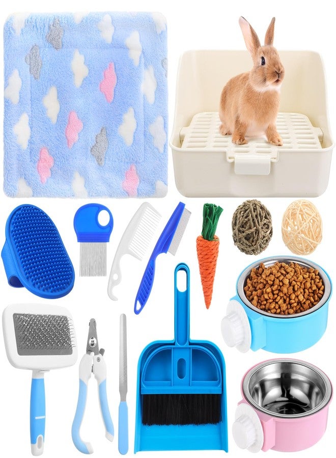 Reallnaive 15 Piece Rabbit Starter Kit Small Rabbit Litter Box Animal Grooming Kit Bunny Toys Bowl Blankets with Cleaning Set for Guinea Pig Ferret Hamster Hedgehog Rabbit Accessories - Image 1