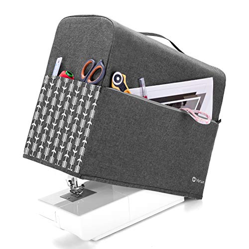 Yarwo Sewing Machine Dust Cover with Top Handle and Pockets Compatible with Brother, Singer and Most Standard Sewing Machine, Gray with Arrow - Image 1