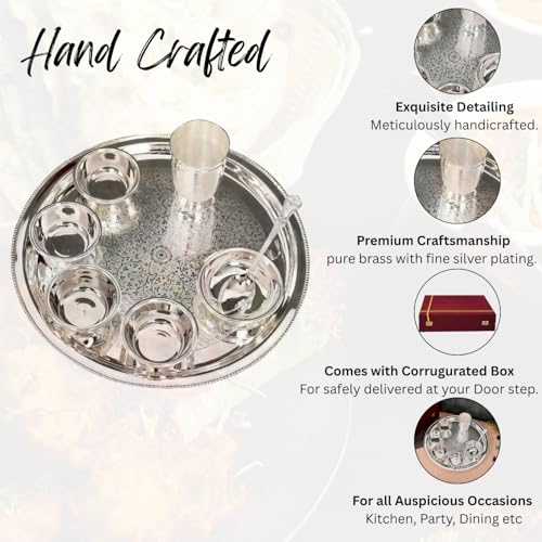 Piepot Dinner Set for Gift | Dinner Set for Gifting in Wedding | Pure Brass Set | Silver Plated - 1 Plate, 1 Glass, 1 Spoon, 1 Fork, 1 Small Plate, 4 Bowls with Red Velvet Box - Image 5