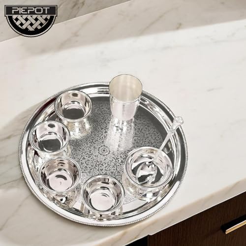 Piepot Dinner Set for Gift | Dinner Set for Gifting in Wedding | Pure Brass Set | Silver Plated - 1 Plate, 1 Glass, 1 Spoon, 1 Fork, 1 Small Plate, 4 Bowls with Red Velvet Box - Image 3