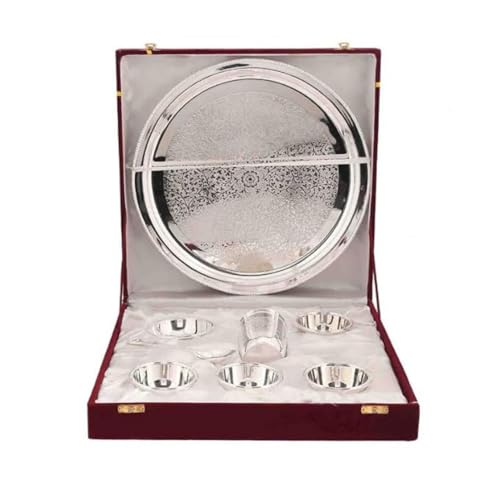 Piepot Dinner Set for Gift | Dinner Set for Gifting in Wedding | Pure Brass Set | Silver Plated - 1 Plate, 1 Glass, 1 Spoon, 1 Fork, 1 Small Plate, 4 Bowls with Red Velvet Box - Image 1