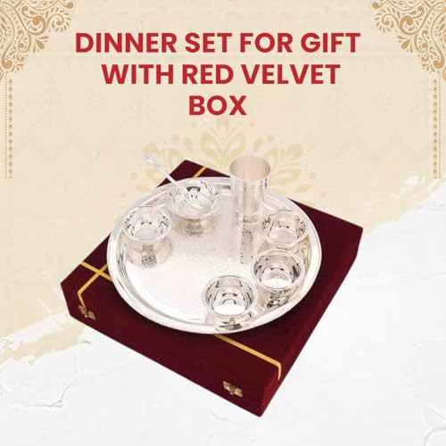 Piepot Dinner Set for Gift | Dinner Set for Gifting in Wedding | Pure Brass Set | Silver Plated - 1 Plate, 1 Glass, 1 Spoon, 1 Fork, 1 Small Plate, 4 Bowls with Red Velvet Box - Image 2