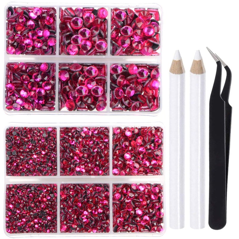 LPBeads 6400 Pieces Hotfix Fuchsia Rhinestones Flat Back 5 Mixed Sizes Crystal Round Glass Gems with Tweezers and Picking Rhinestones Pen