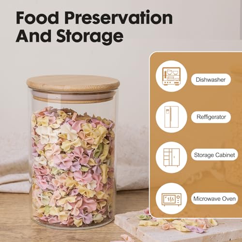 YUNCANG Glass Food Storage Jars 37oz [Set of 6],Clear Glass Food Storage Containers with Airtight Bamboo Lid Stackable Kitchen Canisters for Candy,Cookie,Rice,Sugar,Flour,Pasta - Image 5