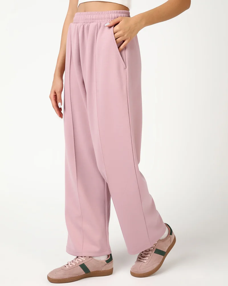 bewakoof Women's Pastel Pink Wide Leg Track Pants