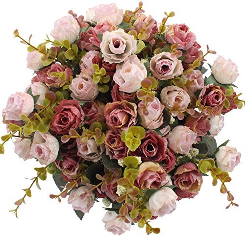Duovlo 7 Branch 21 Mini Rose Heads Artificial Flowers Bouquet Wedding Home Office Decor,Pack of 4 (Pink) - Image 1