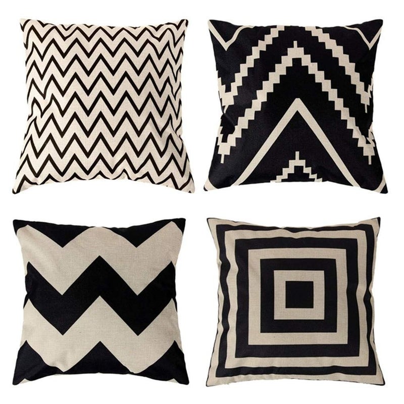 Wajade Black White Geometric Throw Pillow Cases 45 x 45 cm Pack of 4 Cotton Linen Pillow Covers Decorative Cushion Covers for Living Room Sofa Bedroom with Invisible Zipper