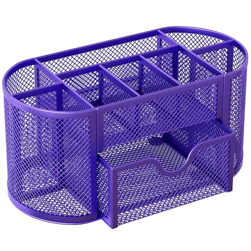 EasyPAG Mesh Pen Holder Desk Organizer with Drawer Stationery Supplies Organizer for Dorm School 9 Compartments Workspace Desk Accessories Organization for Office, Purple - Image 2
