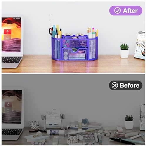 EasyPAG Mesh Pen Holder Desk Organizer with Drawer Stationery Supplies Organizer for Dorm School 9 Compartments Workspace Desk Accessories Organization for Office, Purple - Image 5