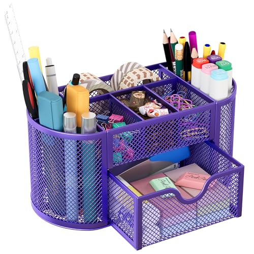 EasyPAG Mesh Pen Holder Desk Organizer with Drawer Stationery Supplies Organizer for Dorm School 9 Compartments Workspace Desk Accessories Organization for Office, Purple - Image 1