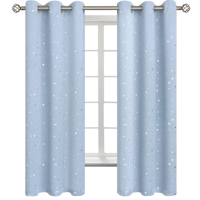 STAR ROOM DARKENING CURTAINS FOR KIDS BEDROOM GROMMET THERMAL INSULATED SILVER STAR PRINT KIDS CURTAINS FOR LIVING ROOM SET OF 2 PANELS BABY BLUE 42 X 63 INCH