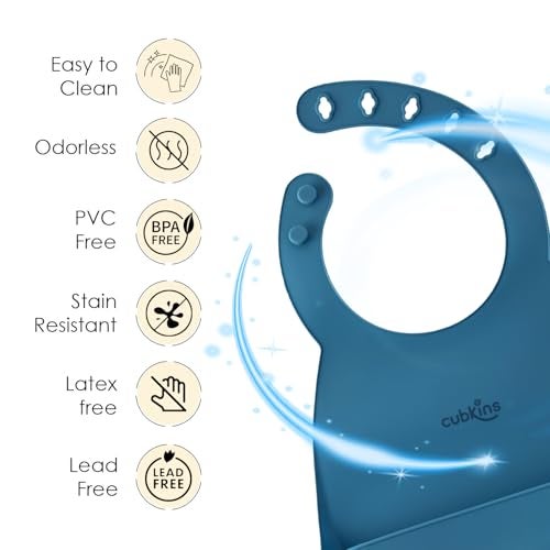 CUBKINS Soft Silicone Baby Bib Set for Feeding & Weaning Babies, Toddlers | Washable & Reusable, Non-Messy Easy to Clean, No Bad Odour, Adjustable Neckline with Buttons (Raspberry - Blue Olive) - Image 4