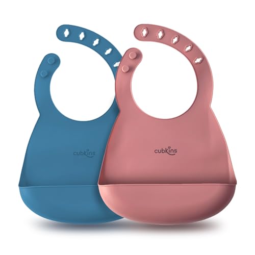 CUBKINS Soft Silicone Baby Bib Set for Feeding & Weaning Babies, Toddlers | Washable & Reusable, Non-Messy Easy to Clean, No Bad Odour, Adjustable Neckline with Buttons (Raspberry - Blue Olive) - Image 1