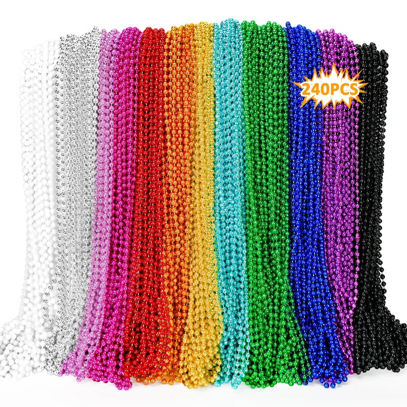 EOBOH 240PCS Mardi Gras Beads, Metallic 12 Kinds Beaded Necklace Accessories, 33" Mardi Gras Necklace Bulk Accessories Stuff, Festival Parade Throw for Wedding Birthday Mardi Gras Celebrations Decorations - Image 1