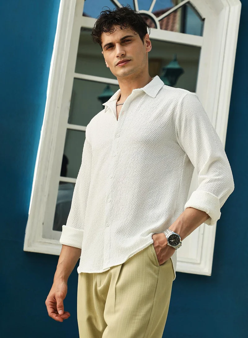 كامبوس سوترا Men's Chalk White Weave-Tactile Shirt
