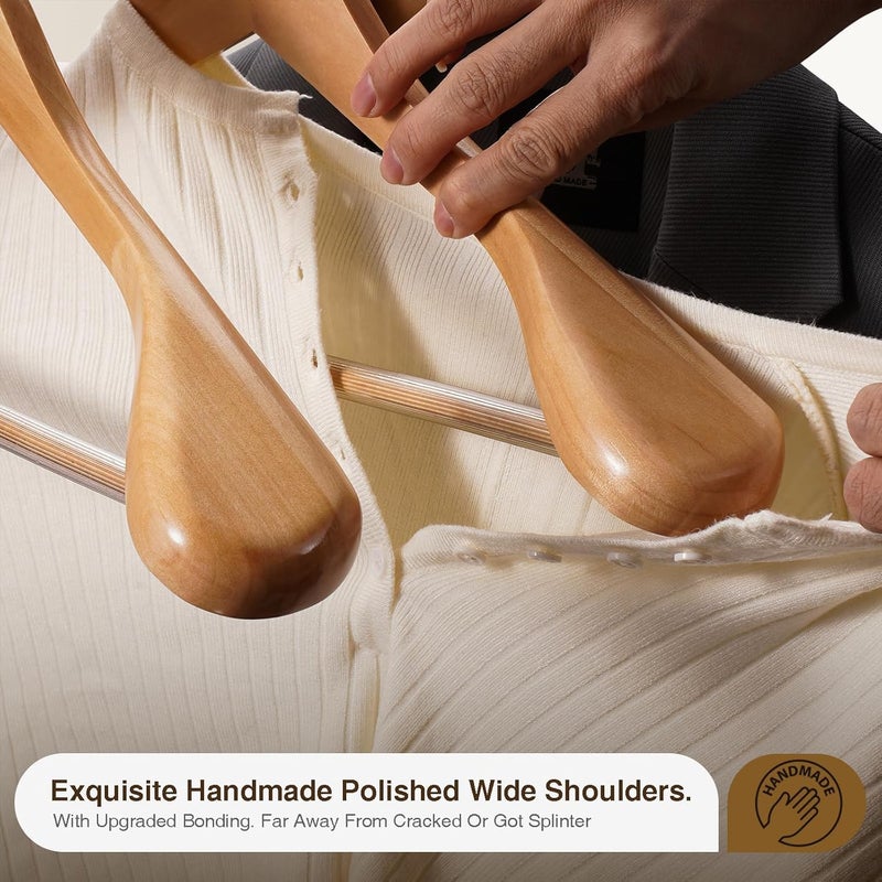 Evolluxi EVOLLUXI Wide Shoulder Wooden Hangers Heavy Duty Luxury Coat Hangers with NonSlip Pants Bar Smooth Finish 360 Swivel Hooks for Suits Jackets Coats and Pants Beige Pack of 12 - Image 5