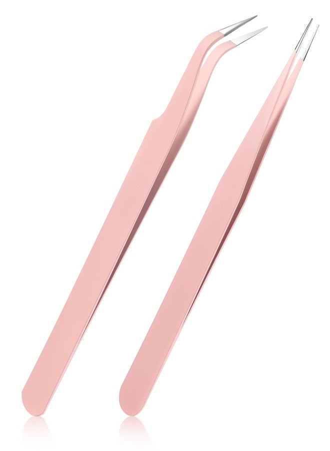 Oruola 2pcs Sticker Tweezers,Pink Tweezers,Eyelash Tweezers for Lash Extensions,Stainless Steel Lash Cluster Tweezers,Straight and Curved Tip Tweezers for Crafting,Eyelash Extensions,Nail Art Sticker - Image 1