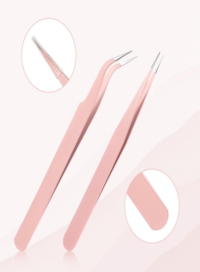 Oruola 2pcs Sticker Tweezers,Pink Tweezers,Eyelash Tweezers for Lash Extensions,Stainless Steel Lash Cluster Tweezers,Straight and Curved Tip Tweezers for Crafting,Eyelash Extensions,Nail Art Sticker - Image 4