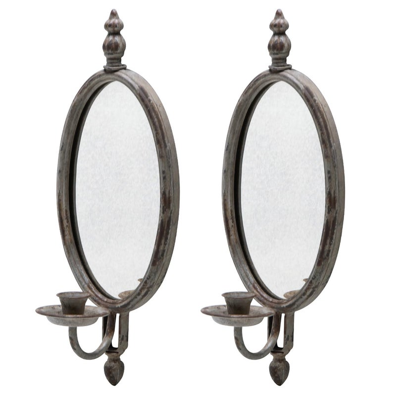 SOFFEE DESIGN 2pcs Antique Metal Candle Sconces Candlestick Holder Wall Mounted Distressed with Oval FadedLooking Mirror