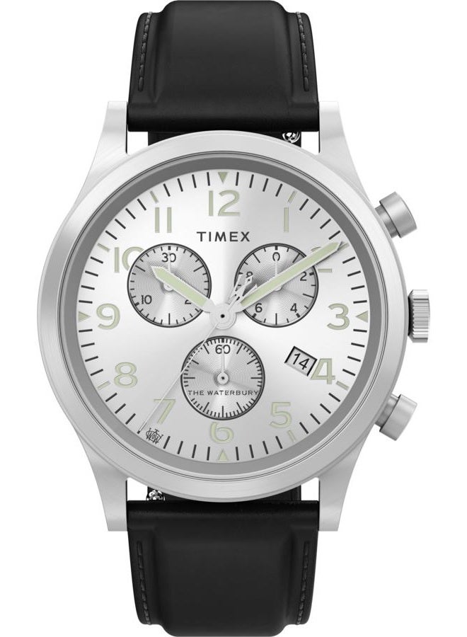 TIMEX ساعة ووتربوري التقليدية للرجال 42 مم - حزام أسود قرص فضي من الفولاذ المقاوم للصدأ - Image 1