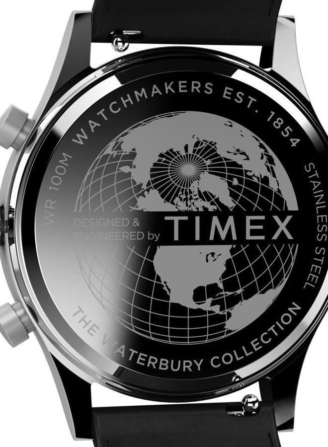 TIMEX ساعة ووتربوري التقليدية للرجال 42 مم - حزام أسود قرص فضي من الفولاذ المقاوم للصدأ - Image 4
