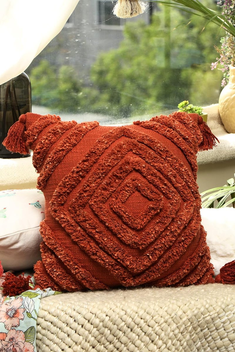 IMPEXART PVT LTD Cotton 16X16 Inches Boho Shaggy Square Geometric Desgin Cushion Cover with Tassel for Valentines Day Decor Couch Sofa Bedroom Living Room Farmhouse - Image 5