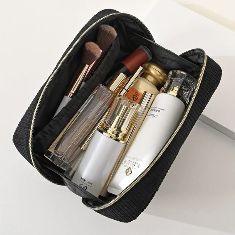 Cross-border cosmetic bag large capacity portable travel storage bag wash bag Advanced Simple design corduroy storage bag(Creamy-white) - Image 2