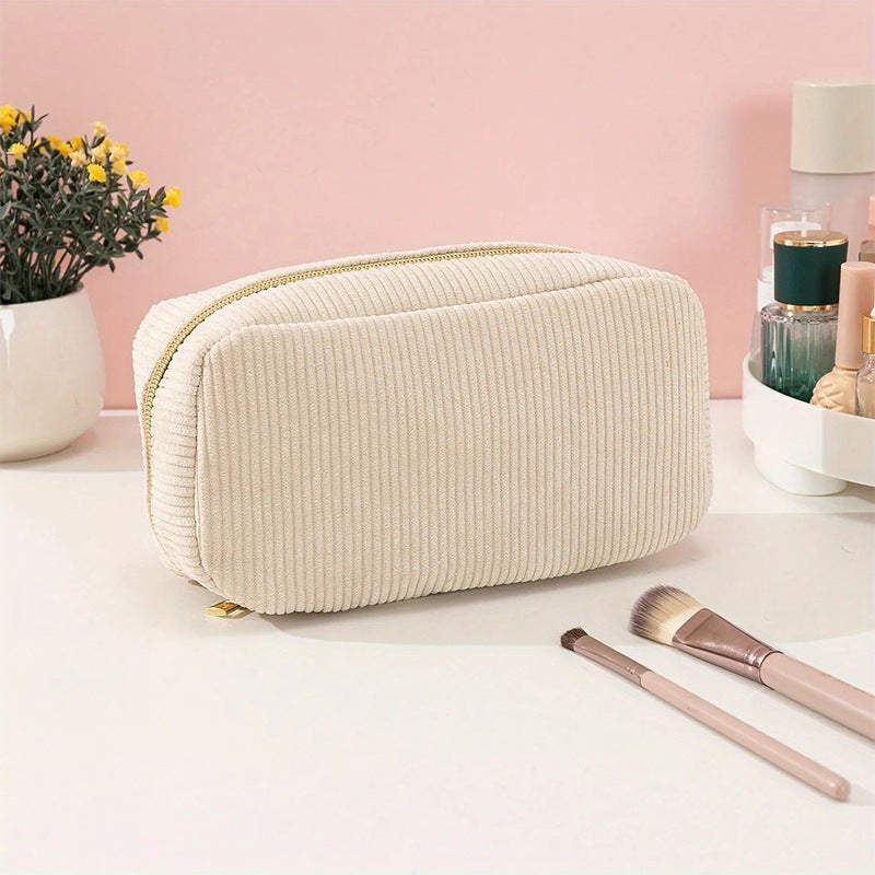 Cross-border cosmetic bag large capacity portable travel storage bag wash bag Advanced Simple design corduroy storage bag(Creamy-white) - Image 5