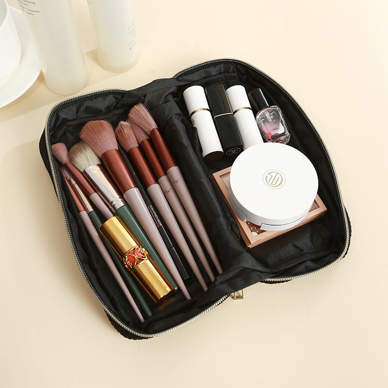 Cross-border cosmetic bag large capacity portable travel storage bag wash bag Advanced Simple design corduroy storage bag(Creamy-white) - Image 3