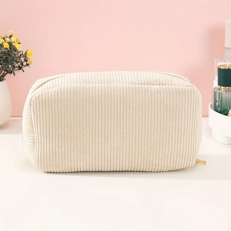 Cross-border cosmetic bag large capacity portable travel storage bag wash bag Advanced Simple design corduroy storage bag(Creamy-white) - Image 1