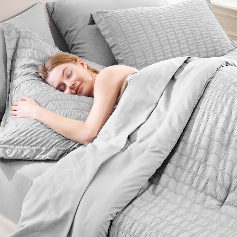 CozyLux Oversized King Comforter Set Light Grey Seersucker 7 Pieces 120x98 Bed in a Bag Comforter Set with Sheets, Light Gray Luxury Bedding Set Down Alternative Comforter, Sheets, Pillowcases & Shams - Image 5