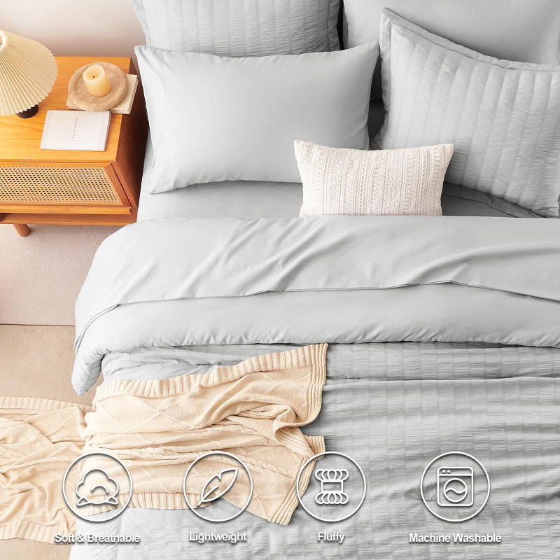 CozyLux Oversized King Comforter Set Light Grey Seersucker 7 Pieces 120x98 Bed in a Bag Comforter Set with Sheets, Light Gray Luxury Bedding Set Down Alternative Comforter, Sheets, Pillowcases & Shams - Image 2