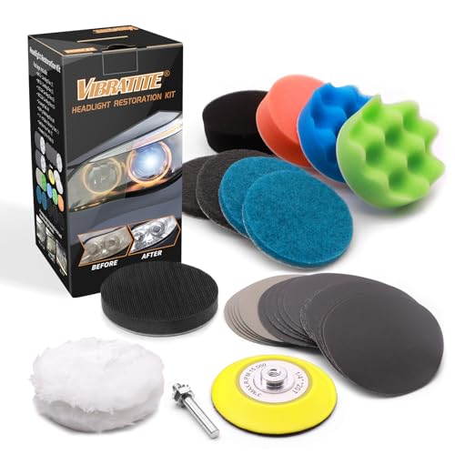Vibra-TITE VIBRATITE Car Headlight Restoration Kit, 3 Inch Car Polishing Sanding Discs with 1/4 Inch Shank Backing Pad, Scouring Pads, Buffing Sponge Pads, Soft Interface Pad, Woolen Buffer Pads, 32PCS - Image 2