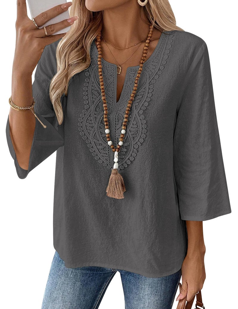 LOMON Womens Tops Dressy Casual 3/4 Length Sleeve Linen Shirts for Women Boho Summer Vacation Women's Clothing Dark Gray - Image 1