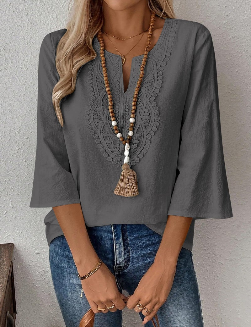 LOMON Womens Tops Dressy Casual 3/4 Length Sleeve Linen Shirts for Women Boho Summer Vacation Women's Clothing Dark Gray - Image 2