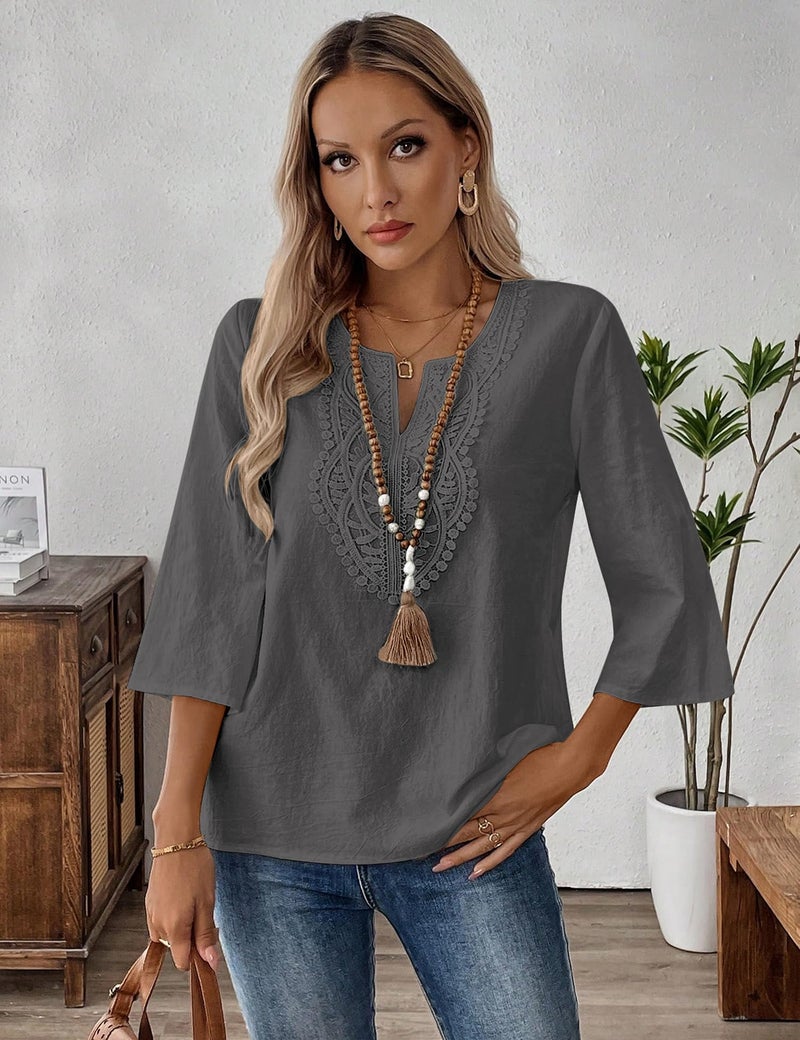 LOMON Womens Tops Dressy Casual 3/4 Length Sleeve Linen Shirts for Women Boho Summer Vacation Women's Clothing Dark Gray - Image 3