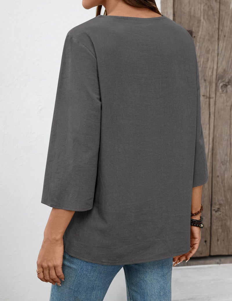 LOMON Womens Tops Dressy Casual 3/4 Length Sleeve Linen Shirts for Women Boho Summer Vacation Women's Clothing Dark Gray - Image 4