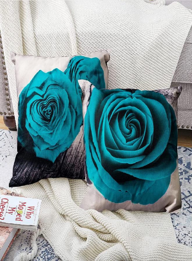 YOOOAHU Turquoise Throw Pillow Covers 18x18 Set of 4, Blue Rose Flower Couch Pillow Cover for Outdoor Patio Furniture Decor Linen Cotton Square Grey Blue Decorative Pillowcase Living Room Sofa Home Decoration - Image 1