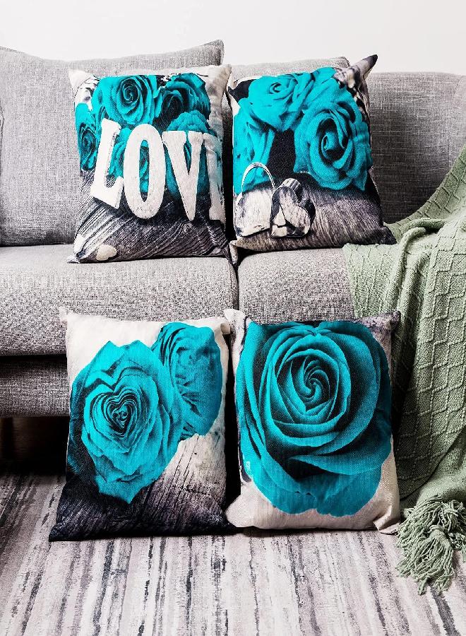 YOOOAHU Turquoise Throw Pillow Covers 18x18 Set of 4, Blue Rose Flower Couch Pillow Cover for Outdoor Patio Furniture Decor Linen Cotton Square Grey Blue Decorative Pillowcase Living Room Sofa Home Decoration - Image 2
