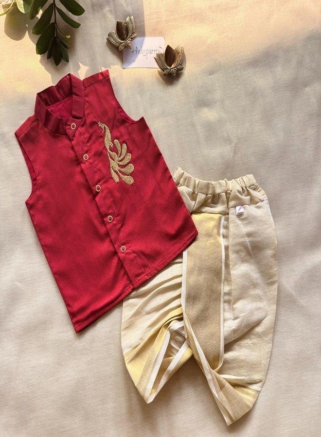 Picksparrow Baby Boy Cotton Silk And Tissue Cotton Solid Kasavu Shirt With Dhoti Pant (Peacock-Sleeveless) (Maroon, Newborn), Medium - Image 2