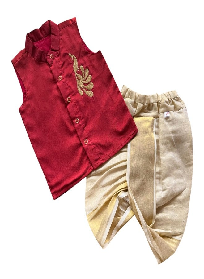 Picksparrow Baby Boy Cotton Silk And Tissue Cotton Solid Kasavu Shirt With Dhoti Pant (Peacock-Sleeveless) (Maroon, Newborn), Medium - Image 1