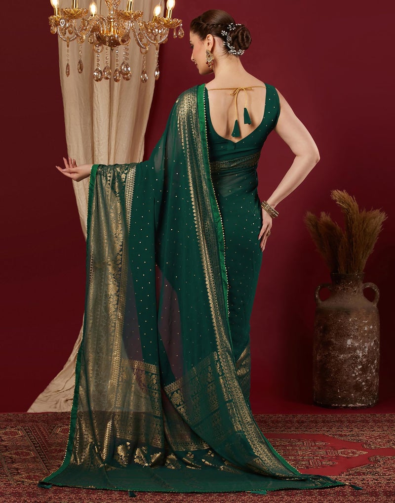 SIRIL Women's Georgette Foil Printed Saree with Unstitched Blouse Piece (4402S3154_Dark Green) - Image 3